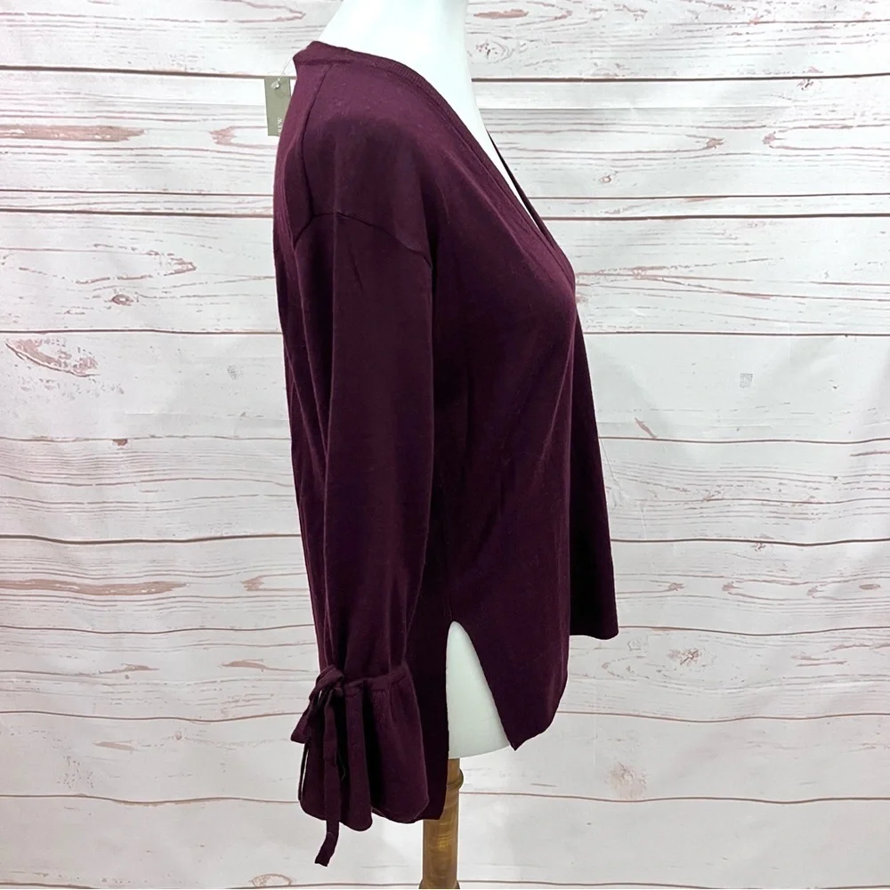 NWT J.Crew Merino Wool Burgundy V-Neck Tunic Sweater Drawstring Cuff Bell Sleeve